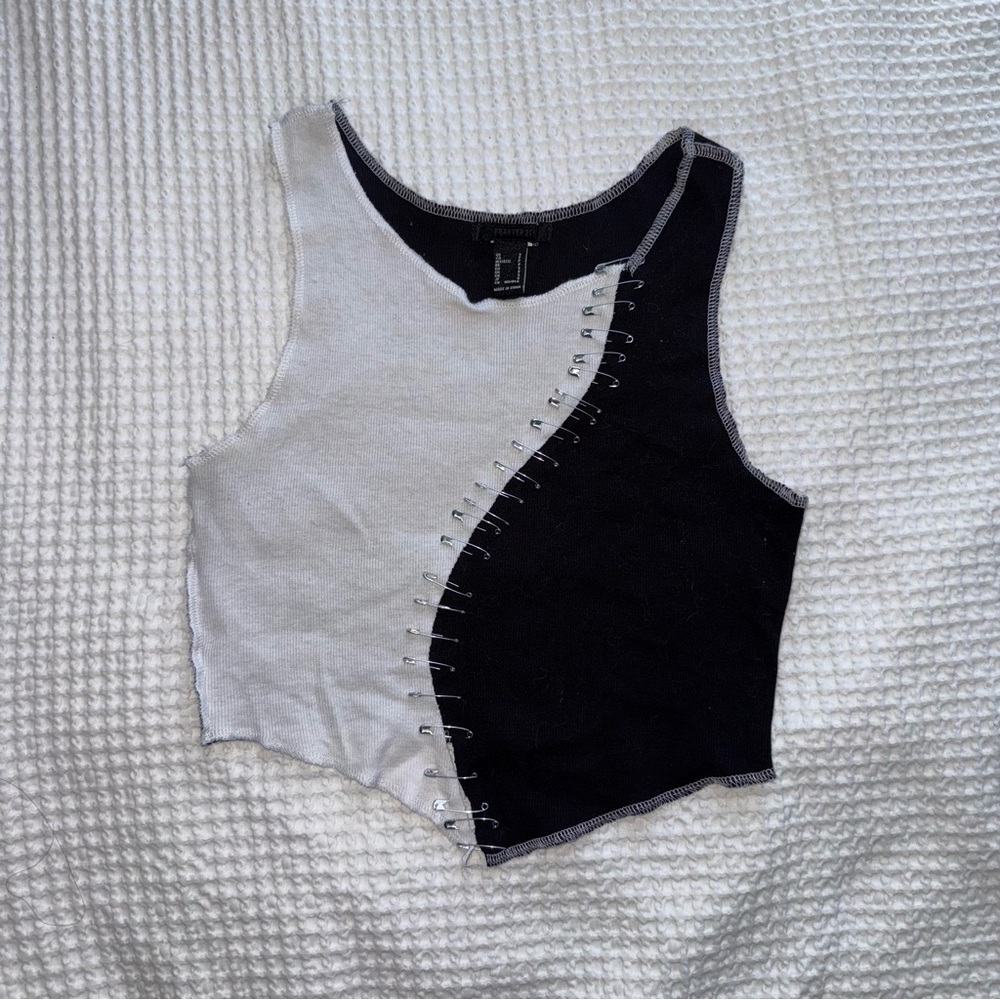 Black and White Color Block Top with Safety Pin Accents